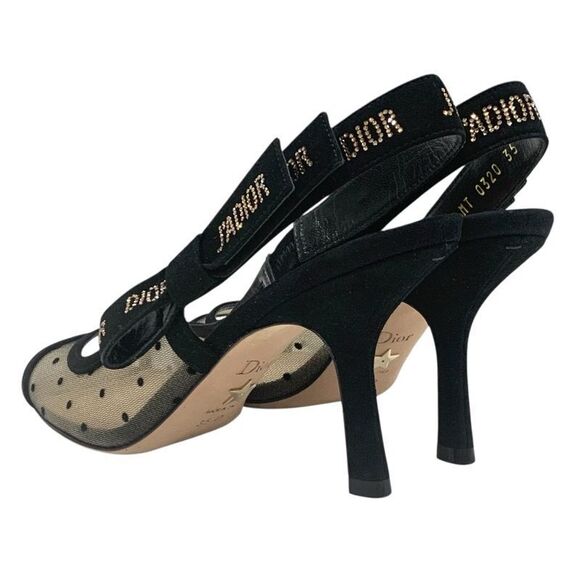 Christian DIOR Jadior Sandals Shoes Mesh Suede Black Rhinestone Dot Ring Back - Picture 5 of 11